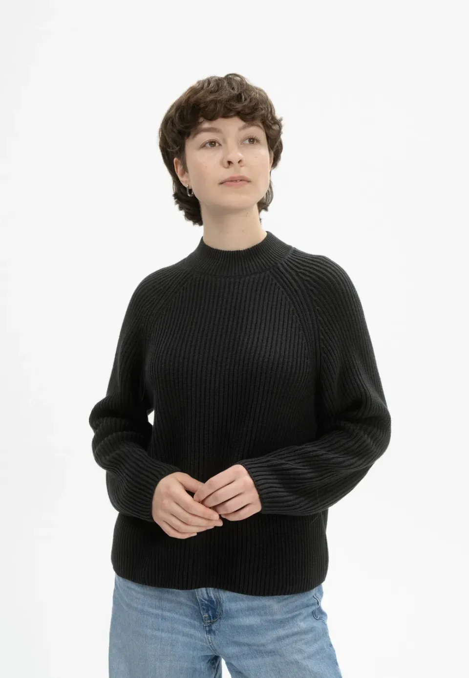 MELA ANALAH Rippstrick Stehkragenpullover navy Bio-Baumwolle
