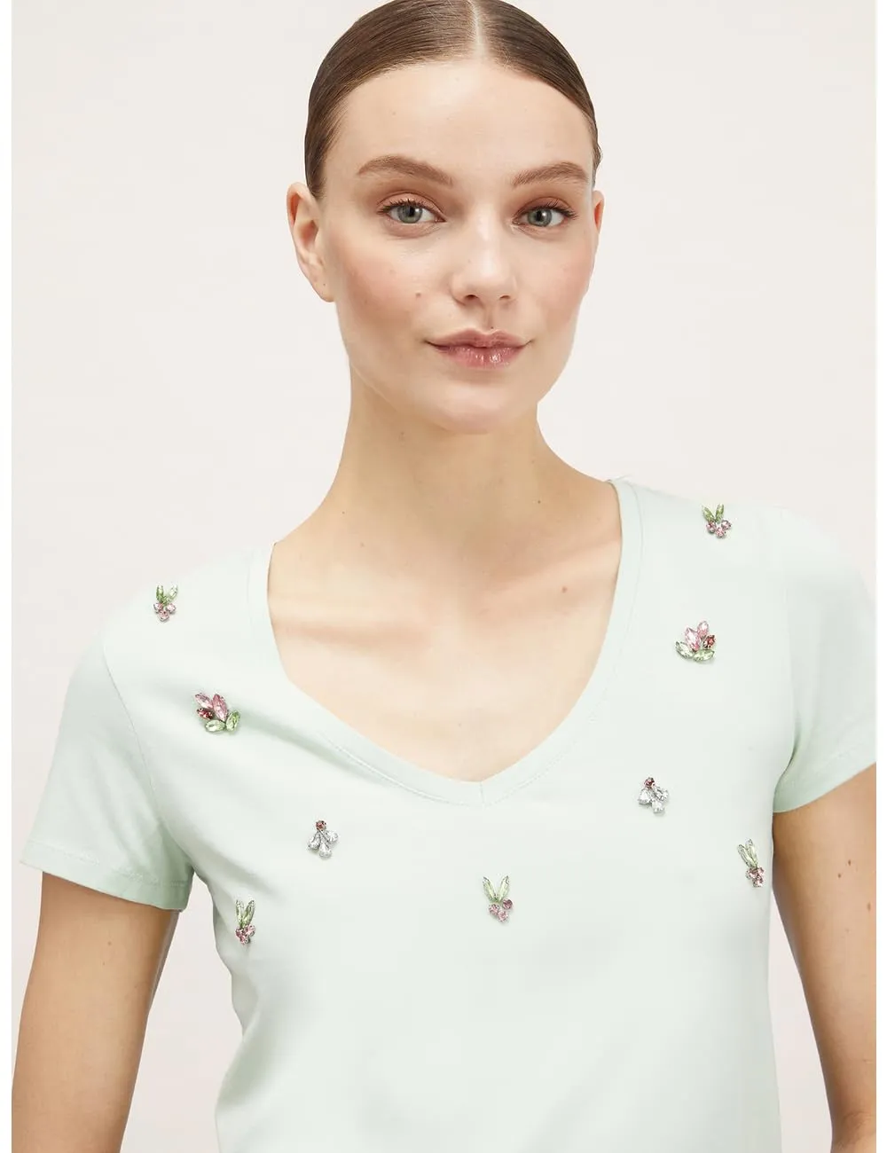 Motivi T-Shirt V-Ausschnitt Steinchen Damen aus Baumwolle
