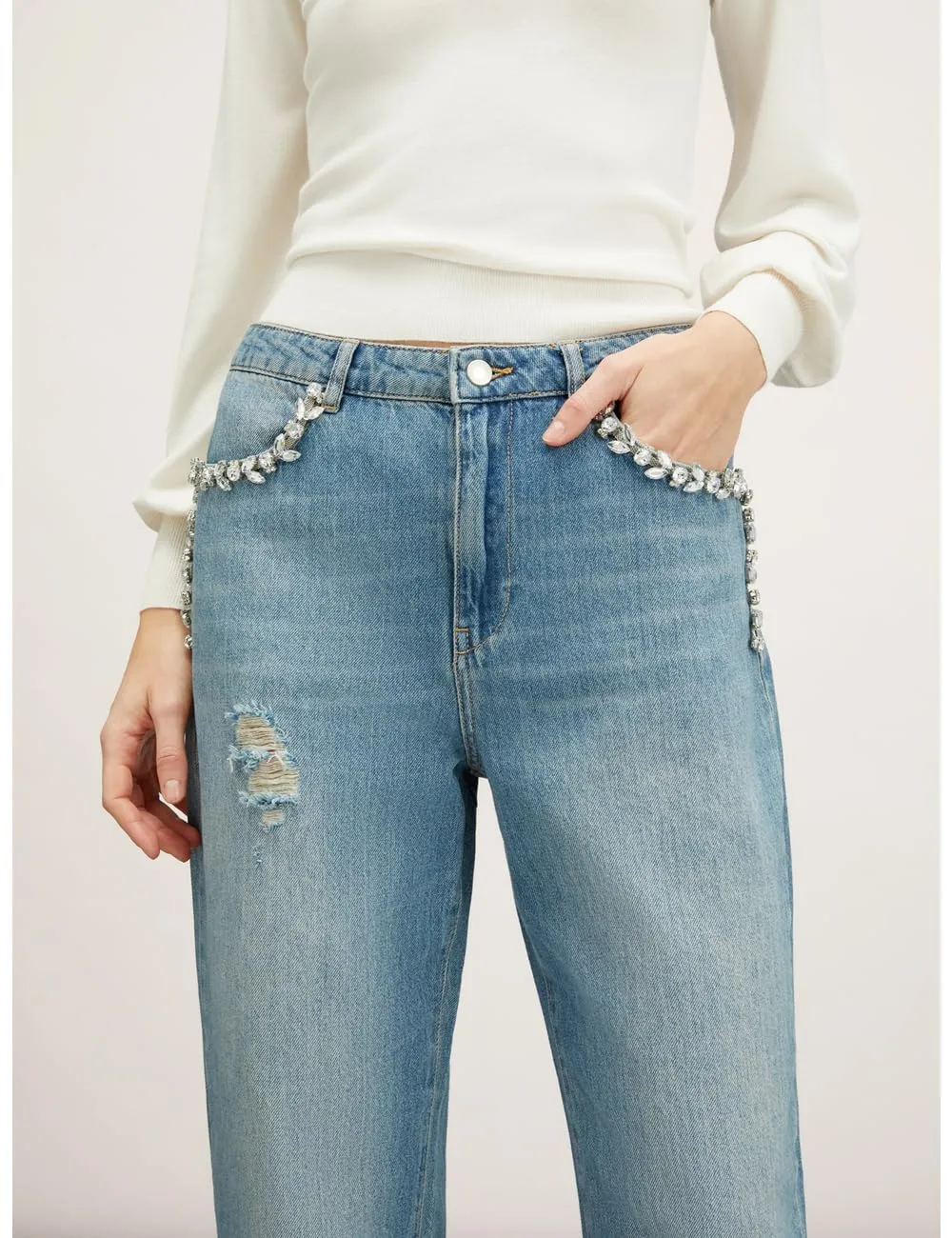 Motivi Balloon-Jeans hellblau Denim mit Strass-Stickerei