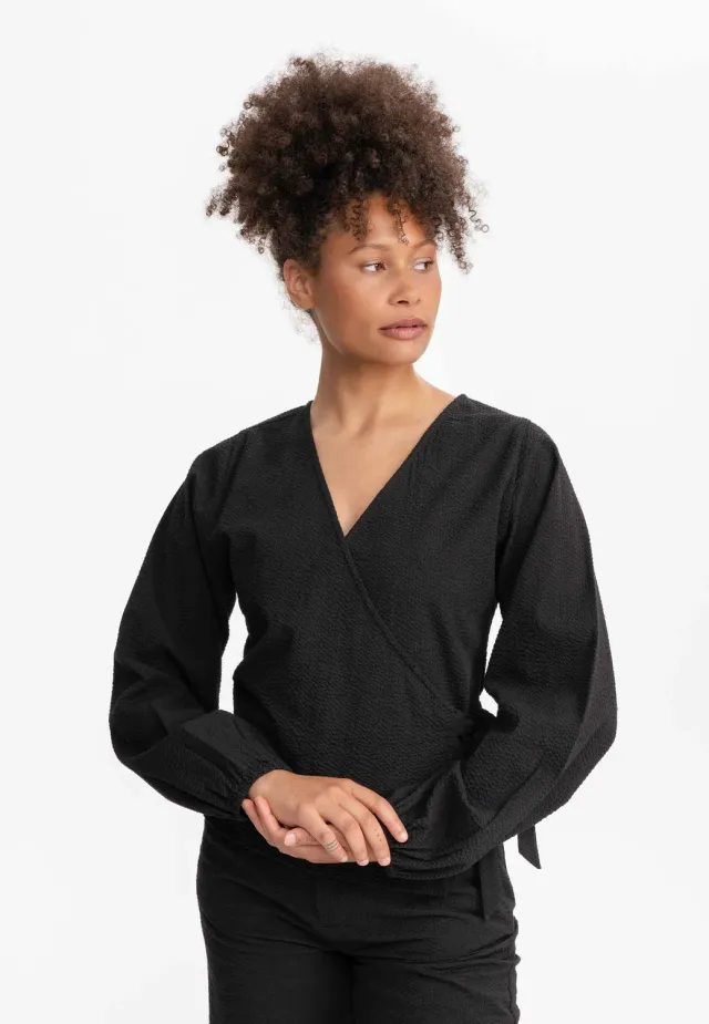 MELA LILAM Wickelbluse schwarz schwarz atmungsaktiv Baumwolle
