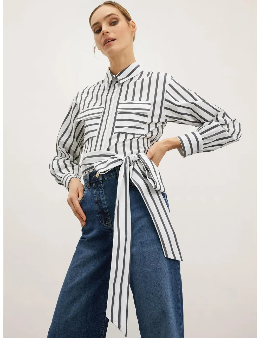 Motivi Gestreifte Cropped-Hemdbluse mit Gürtel