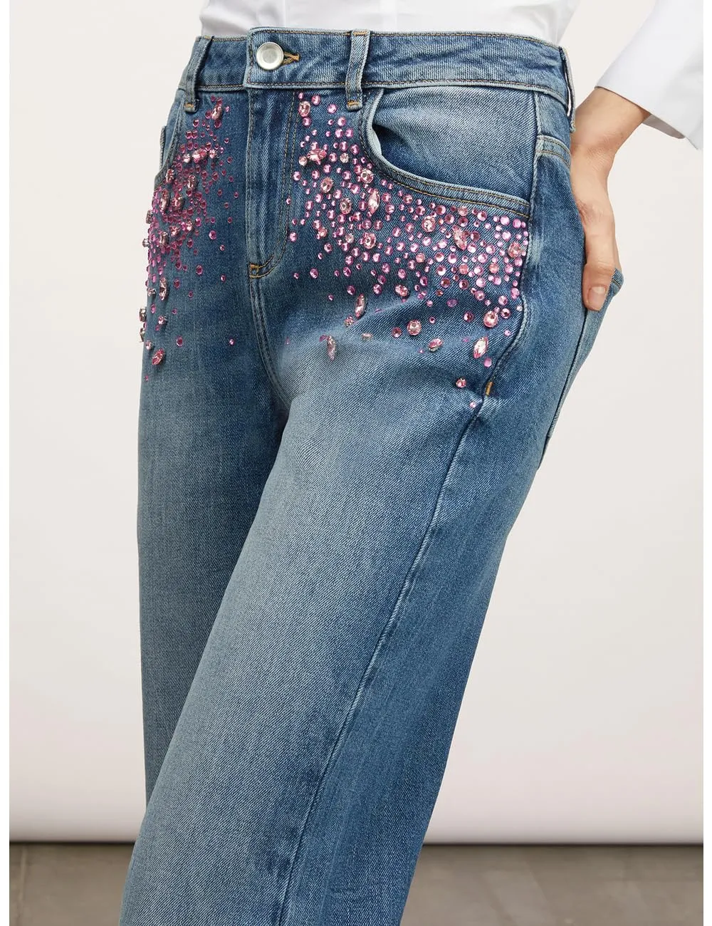 Motivi Jeans mit weitem Bein Schmucksteine mittelblau