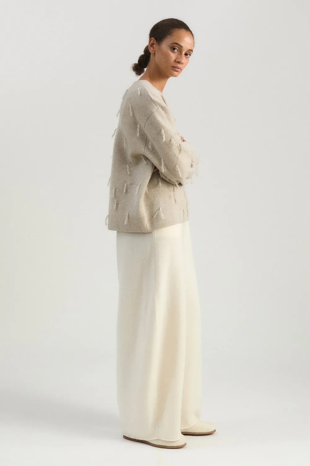 Oyuna Kulan Sweater Feather Jacquard-Strick Fransen Größe M