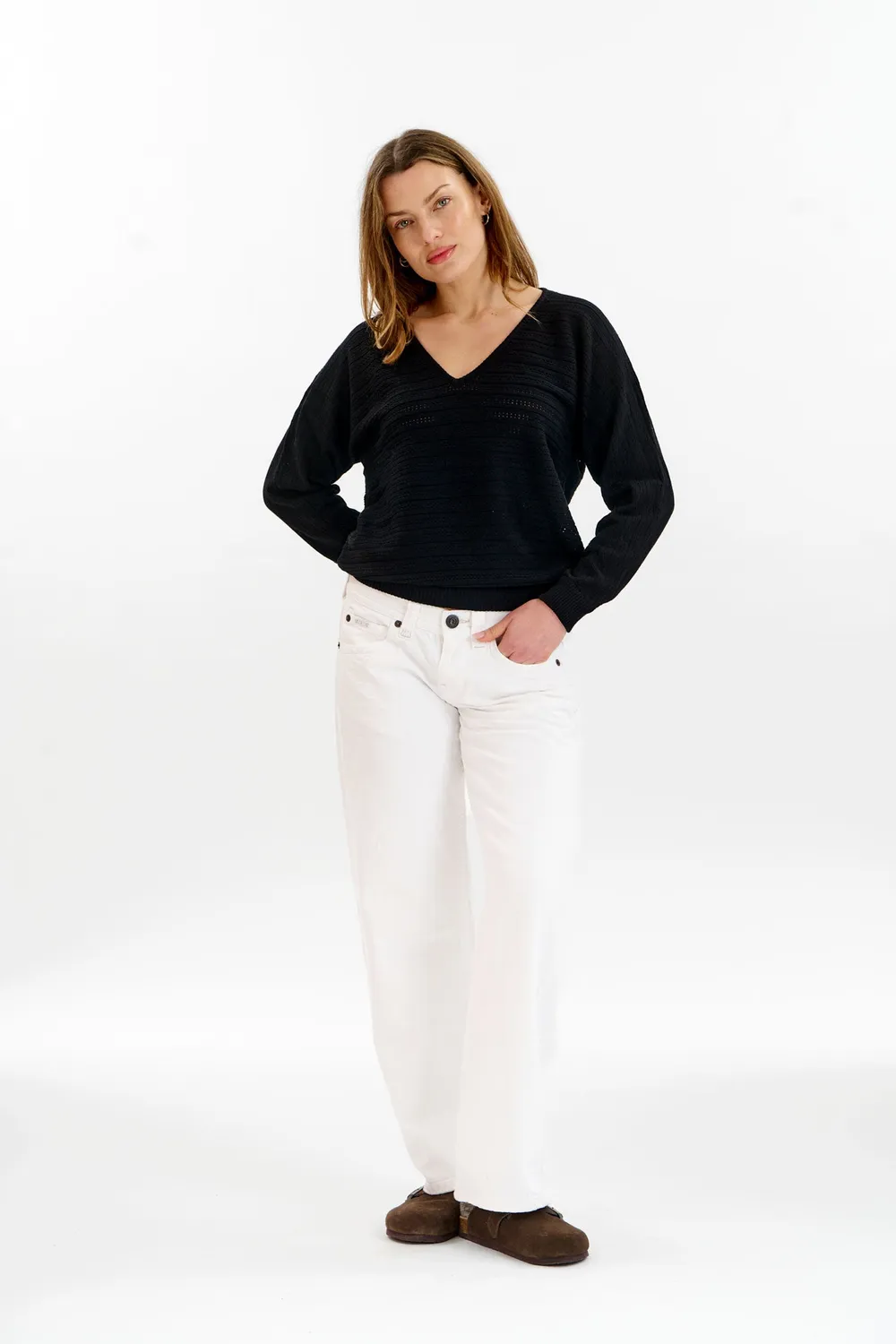 KOMODO PIA Pointelle Pullover Schwarz Bio-Baumwolle