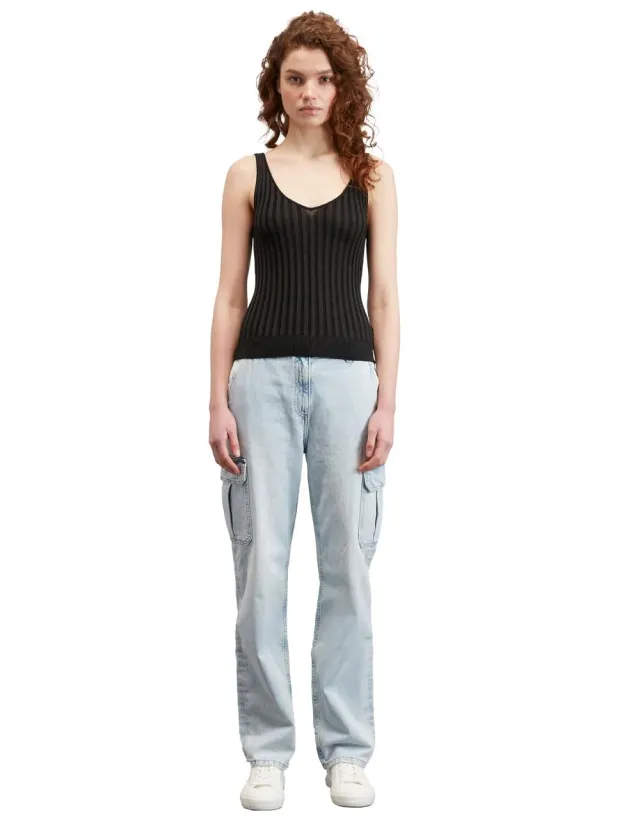 Motivi Lurex-Top gerippt Top Slim tiefer Ausschnitt