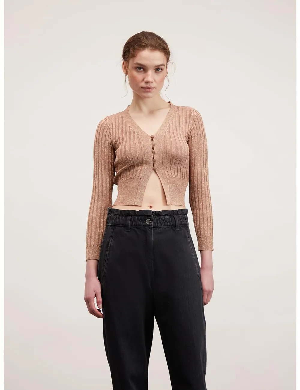 Motivi Lurex Cardigan kurz Ripp V-Ausschnitt