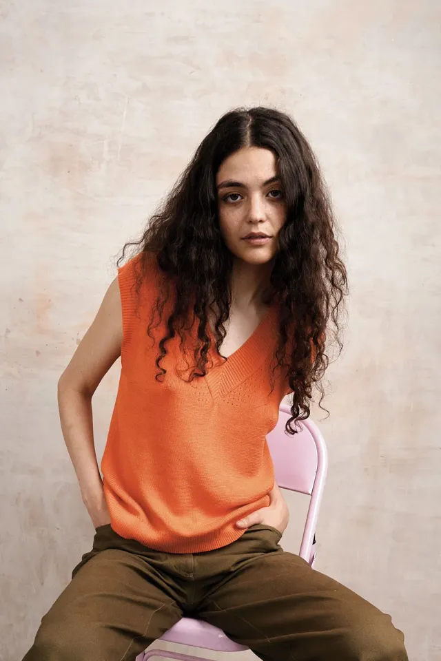 Komodo Sander Top Orange Baumwolle Tencel V-Ausschnitt