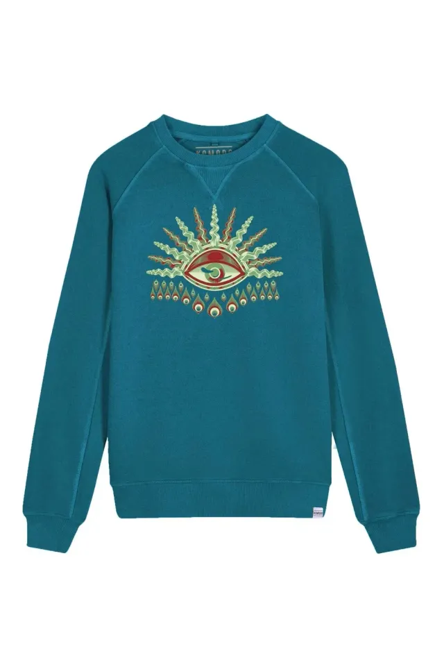 Komodo Eye Crewneck Pullover Teal Blue Bio-Baumwolle
