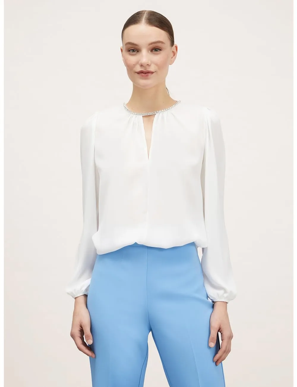 Motivi Bluse mit Kristallsteinchen Krepp Langarm