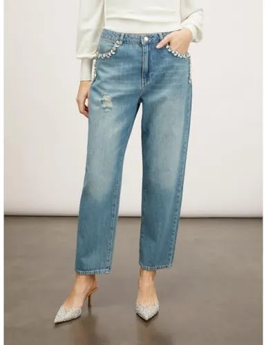 Motivi Balloon-Jeans hellblau Denim mit Strass-Stickerei