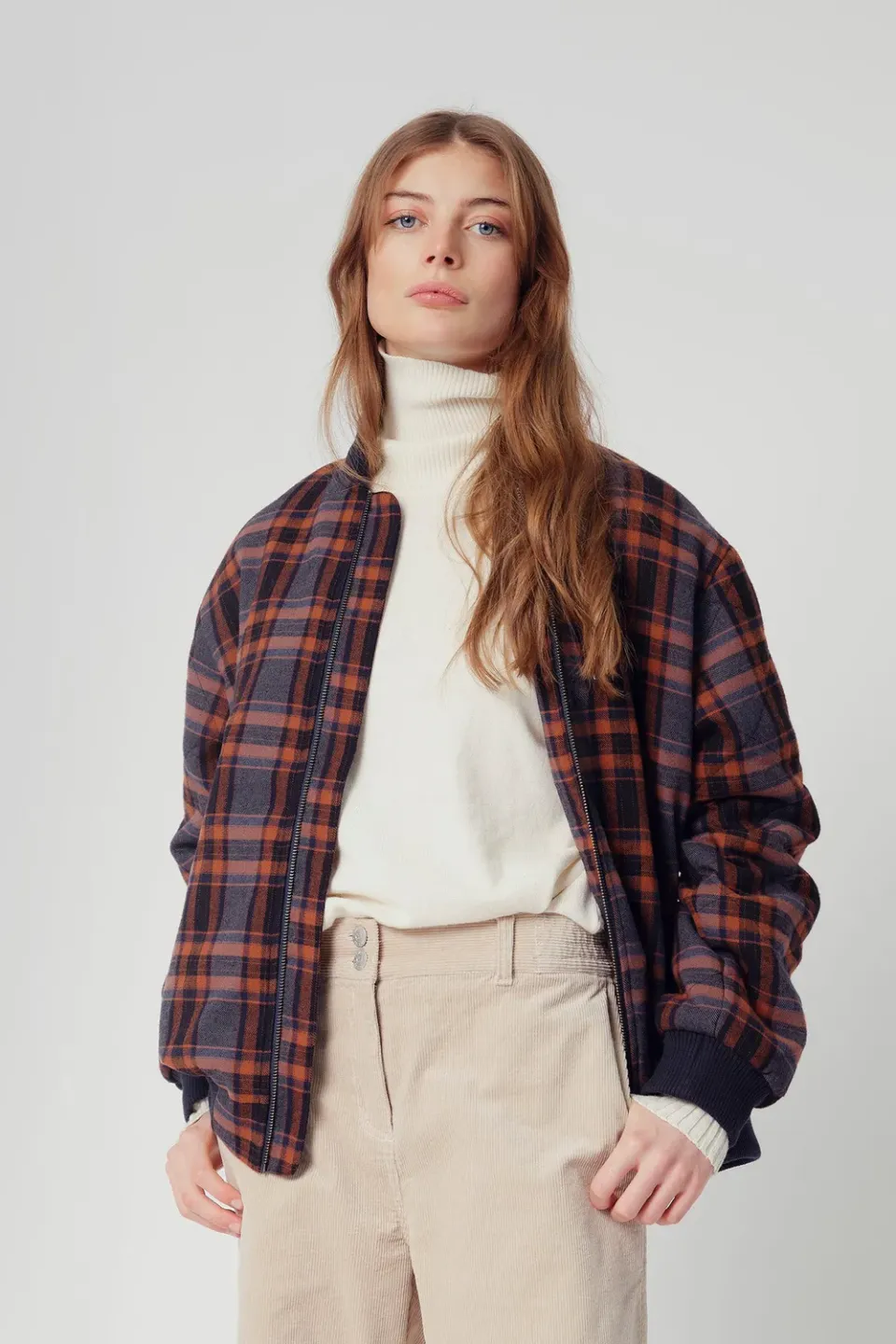 KOMODO MISTY Bomber Jacke Tobacco Check Bio-Baumwolle