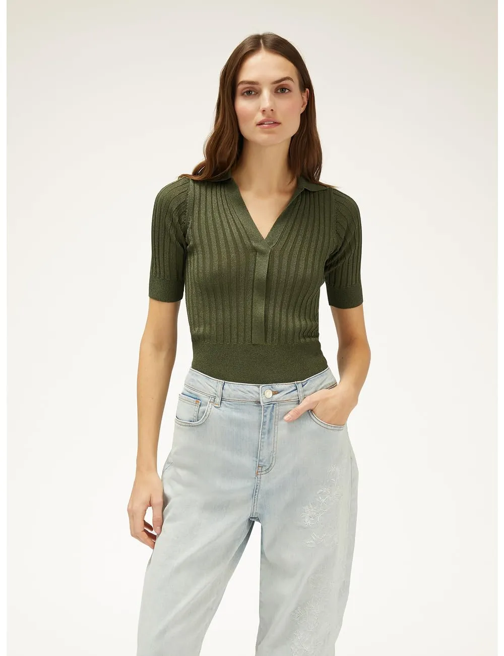 Motivi Pullover Lurex Polo Ripp kurzarm