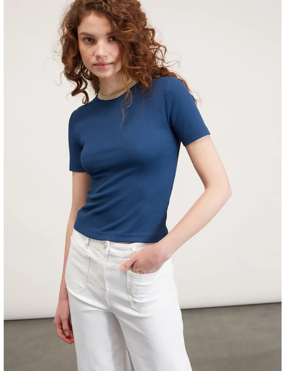 Motivi T-Shirt Rippen Lurex-Bordüre Baumwolle