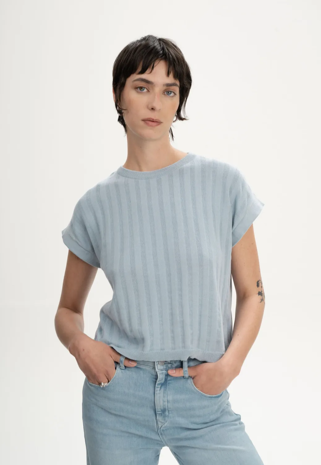MELA BHARI Strick T-Shirt tiefsee aus Bio-Baumwolle