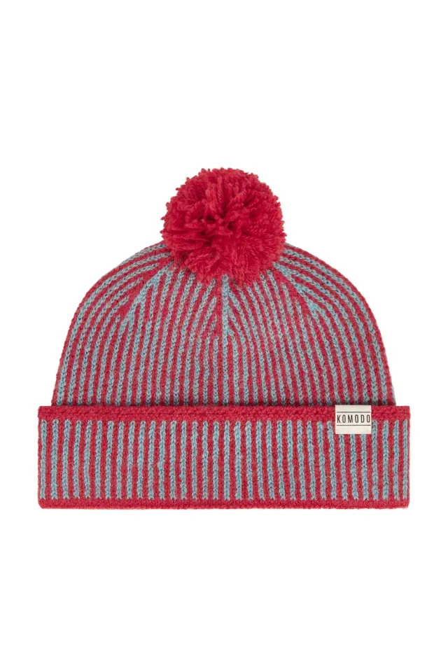 Komodo Nara Mütze Rot-Blau Lambswool mit Bommel