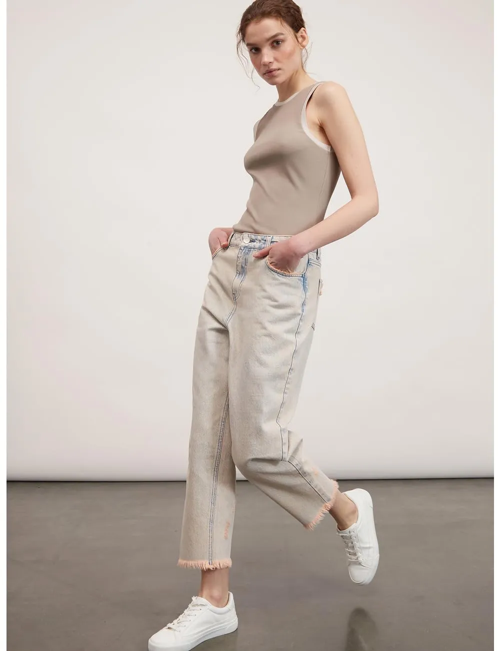 Motivi Baggy-Jeans Denim rosa Fransen-Saum