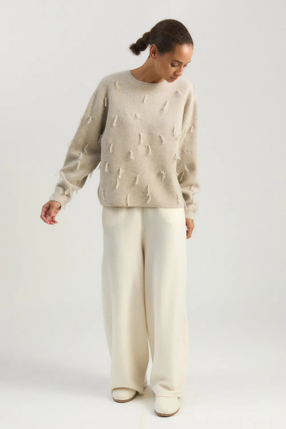 Oyuna Kulan Sweater Feather Jacquard-Strick Fransen Größe M