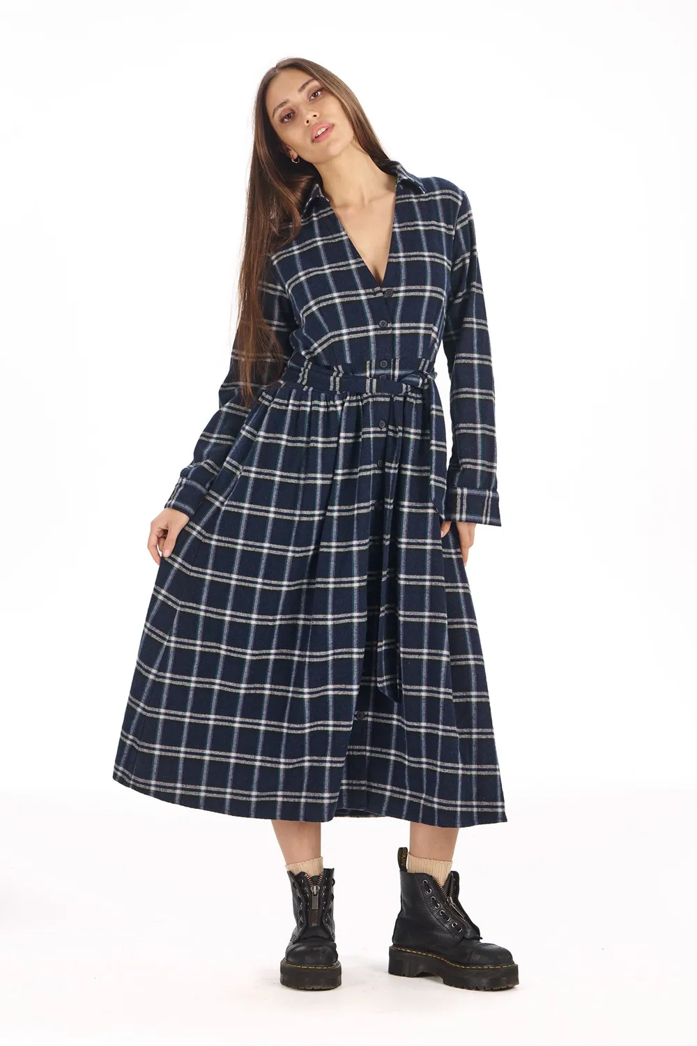 KOMODO HIGHLAND Kleid Navy-Grün Karo Bio-Baumwolle
